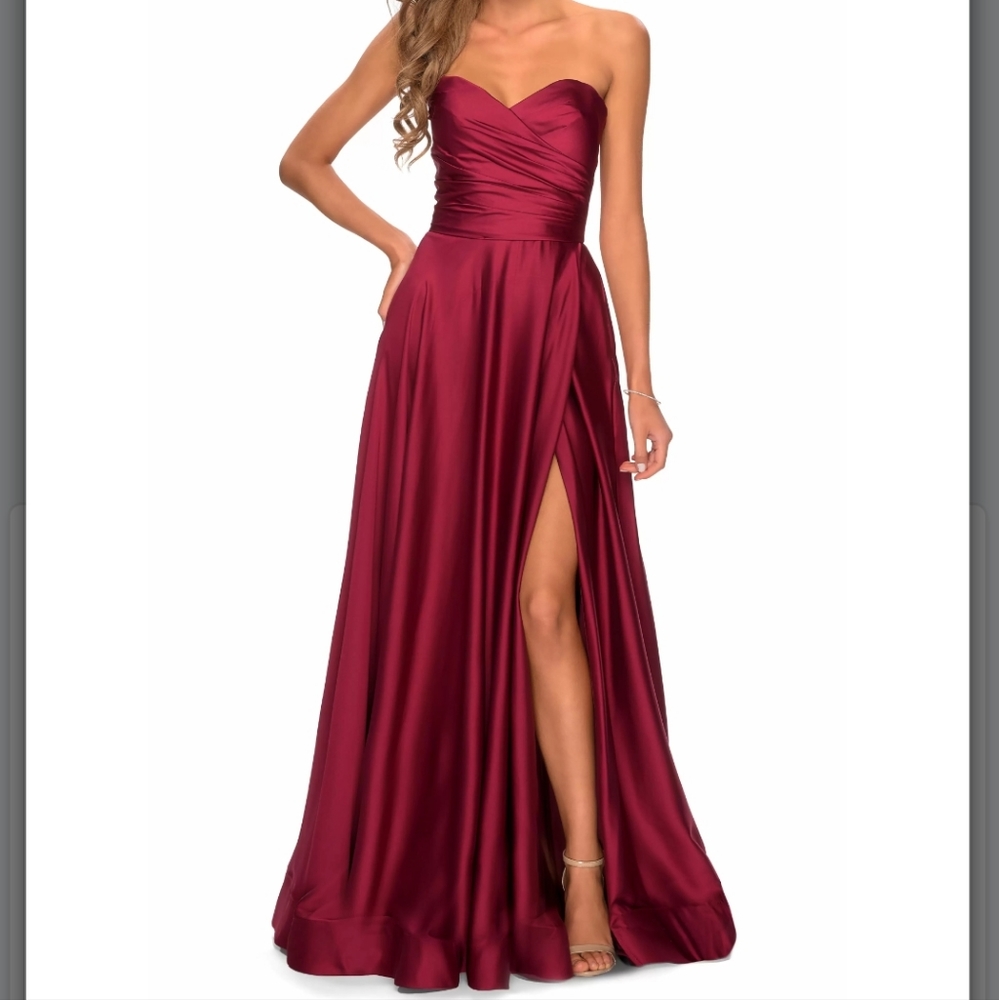 NWT La Femme Strapless Slit Satin Ballgown in Wine, Style 28608, Size 8